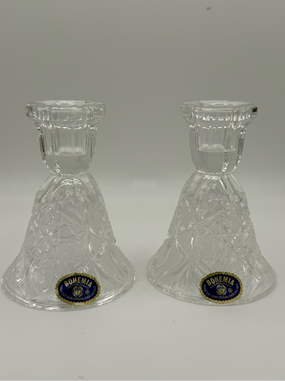 Vintage Bohemia Lead Crystal Clear Cut-Glass Candlestick Holders - Pair